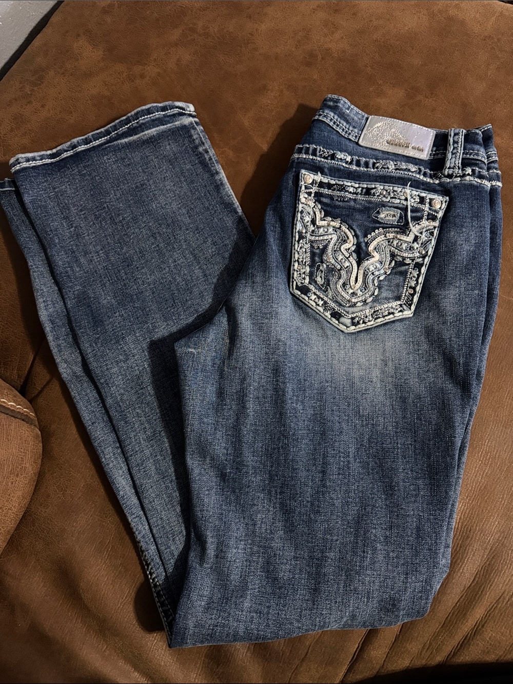 Grace in LA Dark Blue Boot Cut Jeans with Embroidered Back Pockets